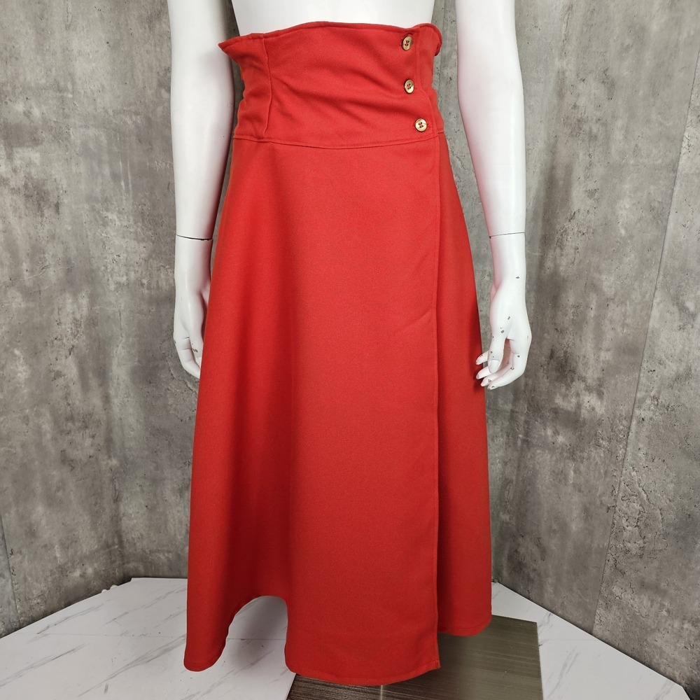 Vintage Handmade Size S Red Knit Polyester Hi Waisted Wrap Midi Skirt Tie Back - Picture 2 of 7
